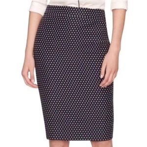 J Crew The Pencil Skirt 100% cotton navy with embroidered white polkadots sz 2